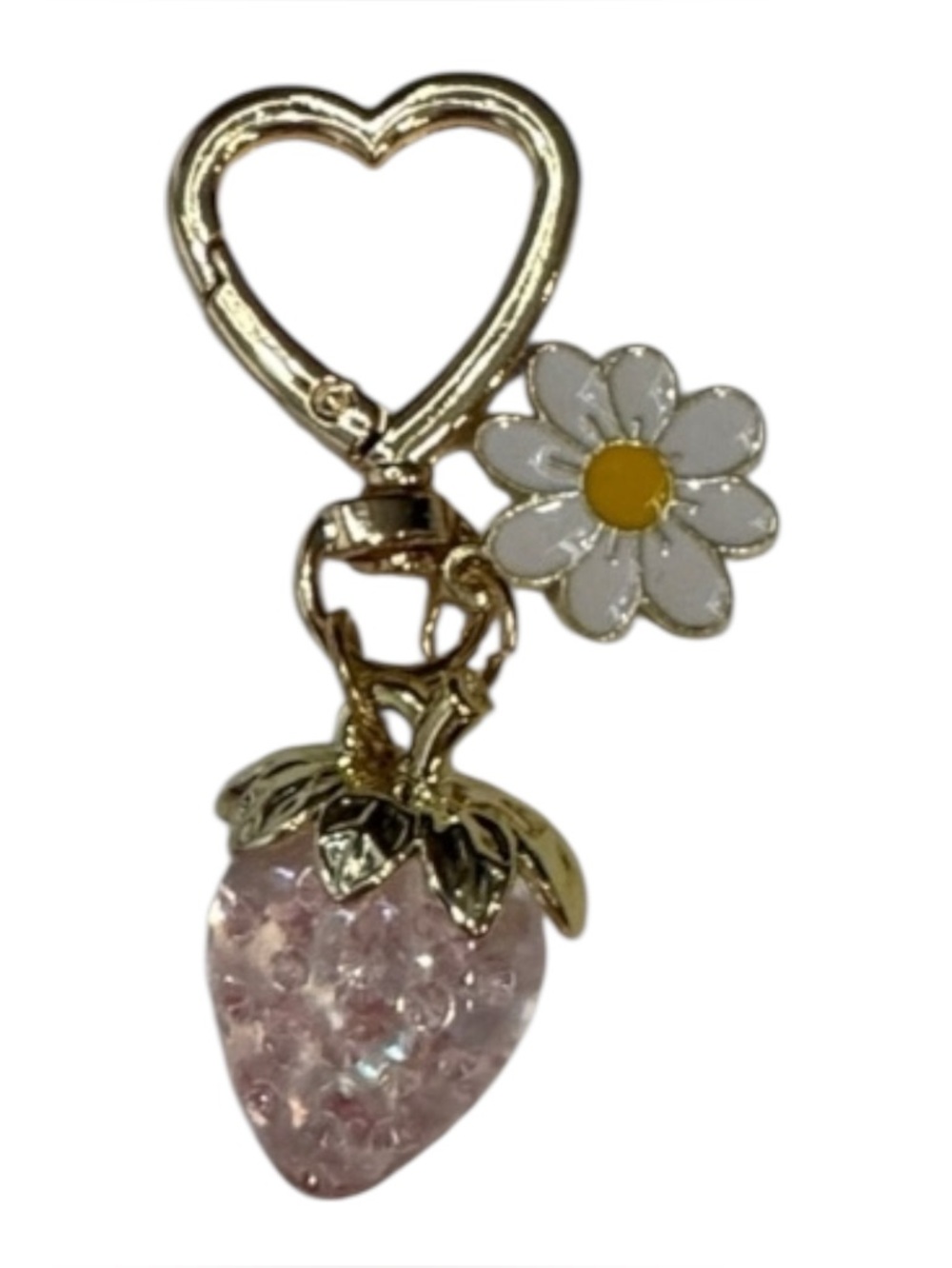 Gold-Tone NWOT Pink Crystal Strawberry & Daisy Keychain Bag Charm
